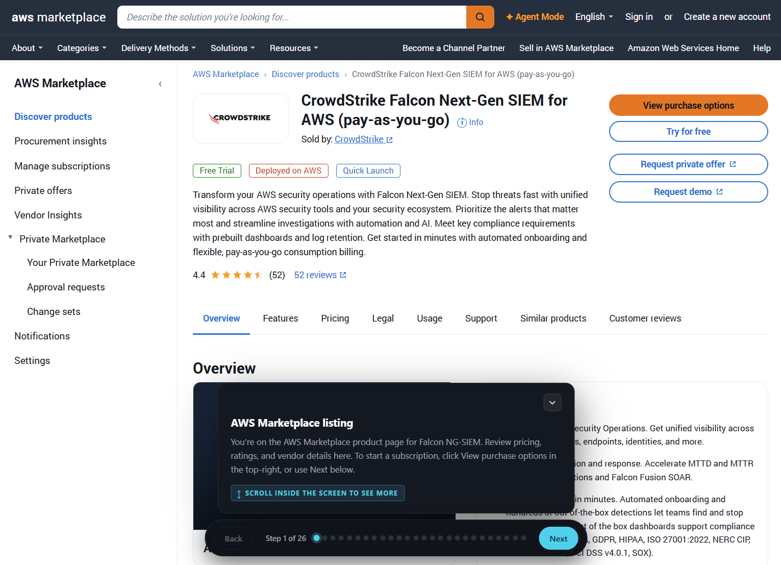 Screenshot of CrowdStrike Falcon Next-Gen SIEM  product detail page on AWS Marketplace